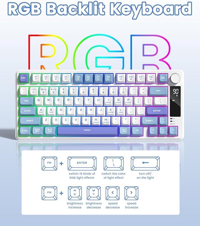 Womier DK75 75% Wireless Gaming Keyboard RGB Backlit Creamy Keyboard with Multifunction Knob &amp Screen Tri-Mode 2.4GHz/USB-C/BT5.0 Anti-Ghosting No-Conflict Silent Membrane Keyboard for MAC Wind
