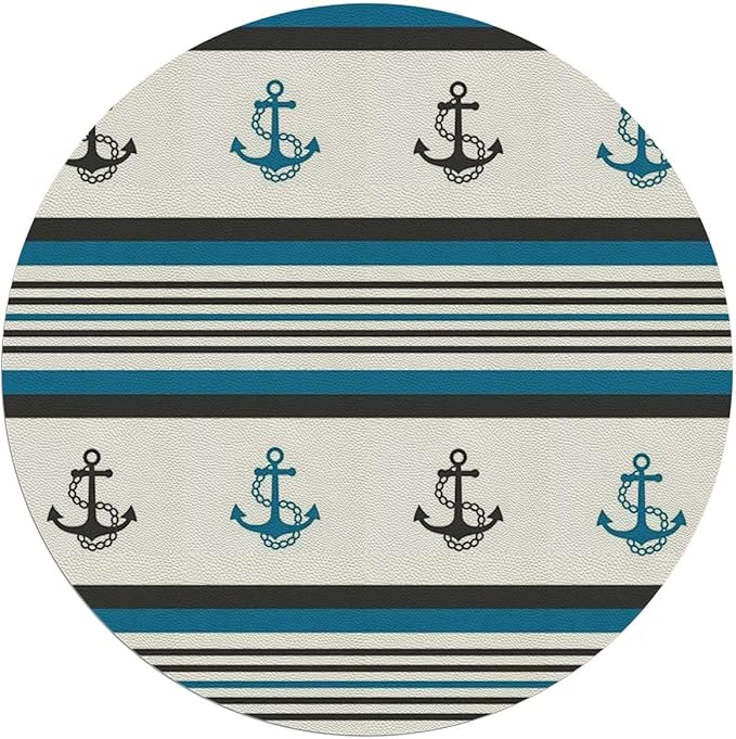 Pale Blue White PU Leather Gaming Chair Mat Round Floor Mats Marine Anchor Striped Background Office Chair Computer Gaming Desk Mat for Rolling Chair Non-Slip Gaming Rug Anchor Diameter 39.4 in