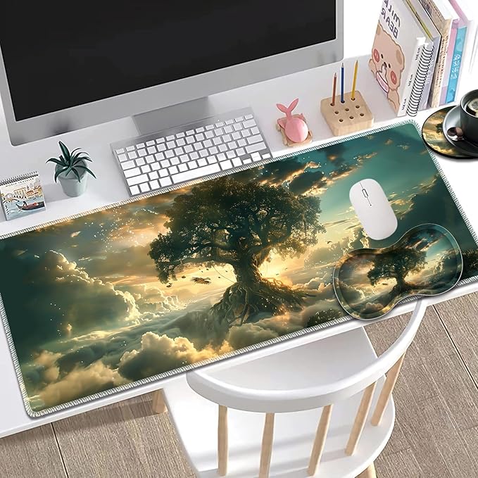 Large Gaming Mouse Pad + Mouse Wrist Rest Pad + Coaster Combination 31.5 x 11.8 Durable Non-Slip Extension Table Mat Suitable for Office and Home Cloud Tree