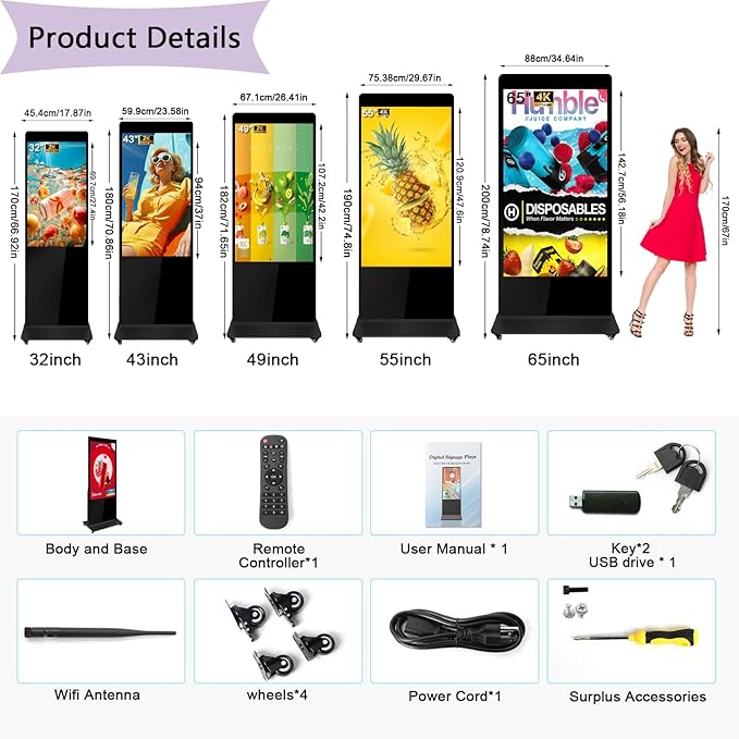 43 Digital Signage Display Kiosk 1080P Non Touchscreen Kiosks Interactive Floor Standing Full HD IPS LCD Screen Commercial Totem with Android 11 System Interactive Advertising Media Player