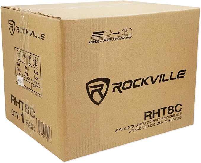 Rockville Pair RHT8C 8 Desktop Speaker Stands 66 lbs. Capacity Wood Finish Resonance-Free Cable Management Isolation Pads for Bookshelf/Studio Monitors