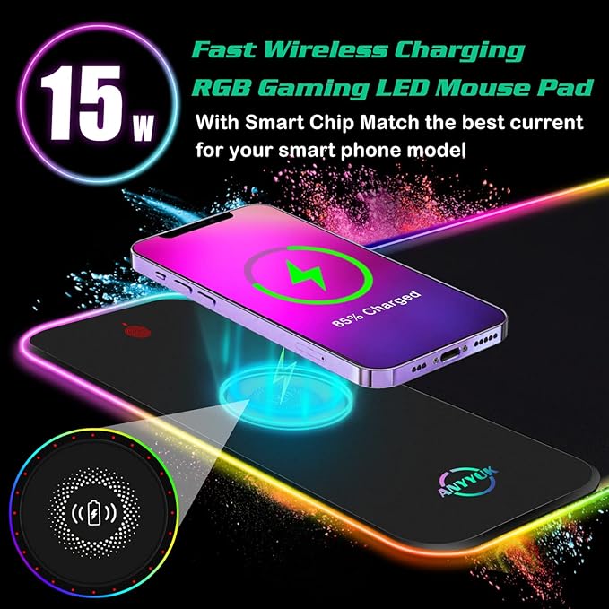 RGB LED Mouse Pad with 15W Wireless Charger Gaming Mouse Pad with 10 Light Modes Extra Large Mousepad Non-Slip Rubber Base Computer Keyboard Mat for Men