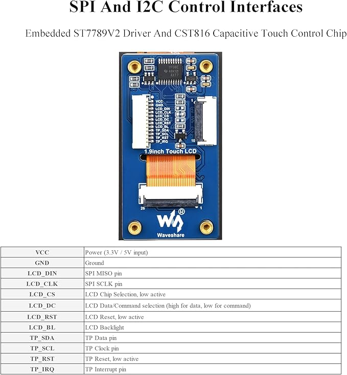 1.9inch Touch LCD Display Module Micro LCD Display 172x320 Resolution IPS SPI and I2C Communication 262K Display Color Compatible with Raspberry Pi ESP32S3 Pico etc.
