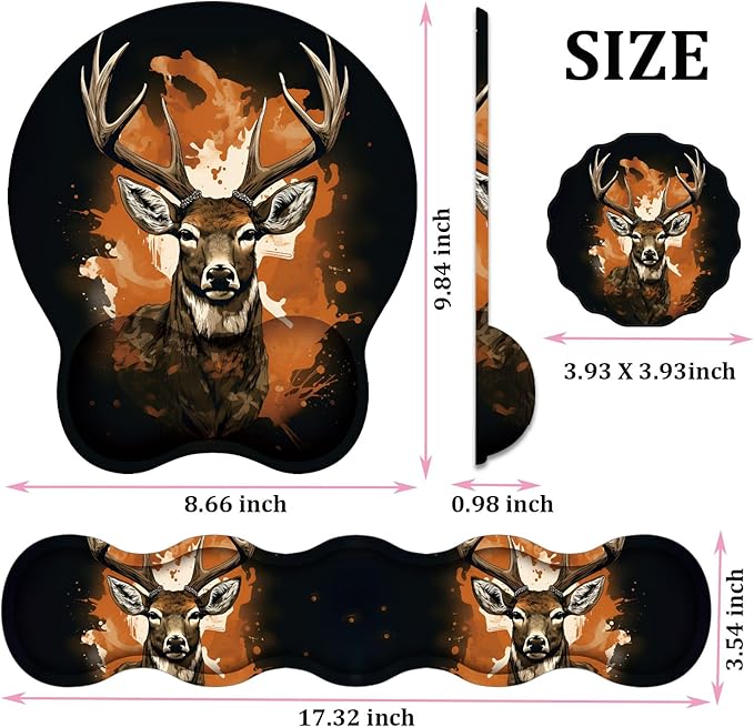 Mouse Wrist Rest and Keyboard Wrist Rest Pad+ Coaster Set Non-Slip Rubber Base Smooth Surface Ergonomic Gaming Mouse Pad for Easy Typing and Pain Relief Camo Tree Deer
