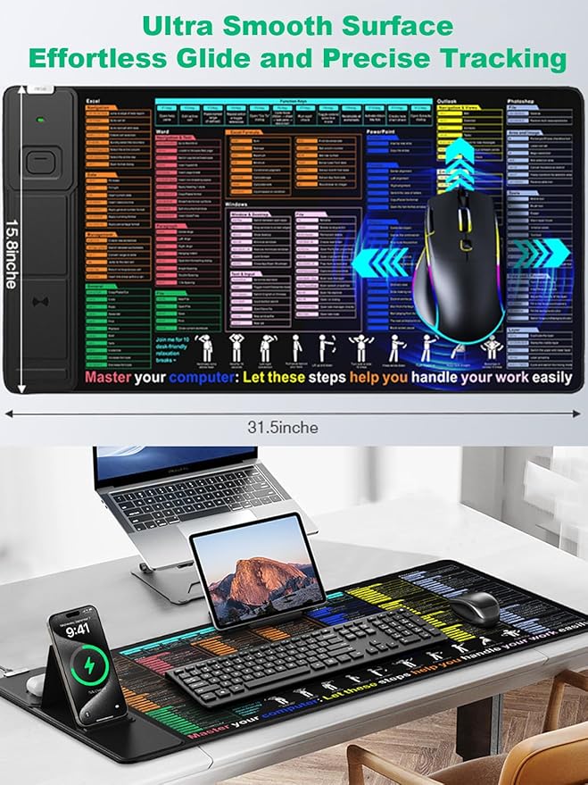 Mouse Pad with Foldable Phone Holder Wireless Charging Desk Mat with Excel Shortcut Keys 31.5x15.8 Large Mousepad with Superior Micro-Weave Cloth XXL Desk Pad Non-Slip Waterproof