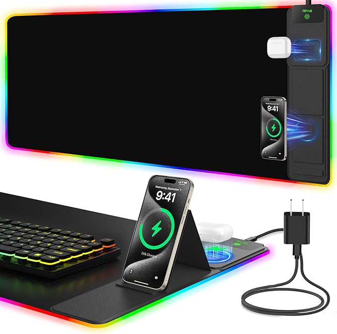 Mouse Pad with Foldable Phone Holder &amp Wireless Charger XXL RGB Gaming Mousepad 31.5x15.8 Large Desk Mat for Keyboard Black Desk Pad with Dual Qi Charging Station | 11 Colors 5 Modes | Waterpr