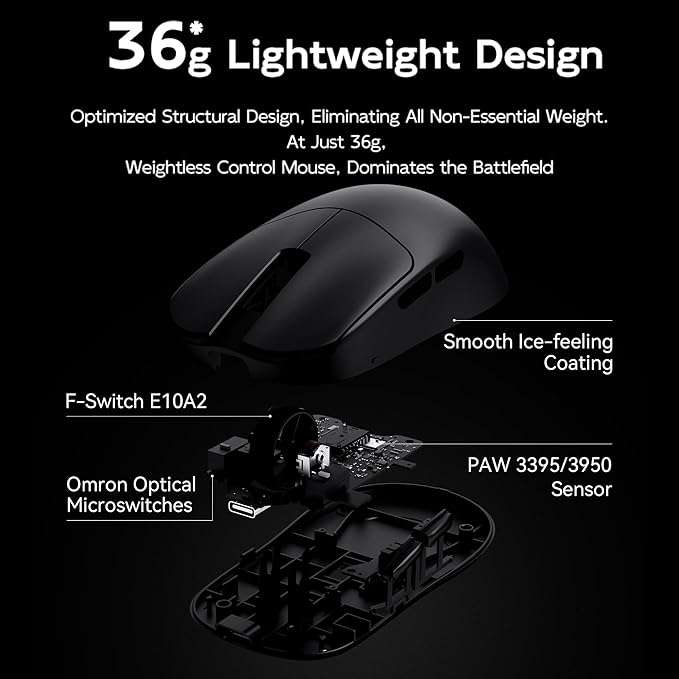 ATK VXE MAD R Gaming Mouse Ultra-Lightweight 36–42g PAW3395/3950 Sensor 42K DPI Dual-Mode 8K Polling Rate 2.4G Wireless &amp USB-C Wired Esports Mouse (MAD R+ Black)