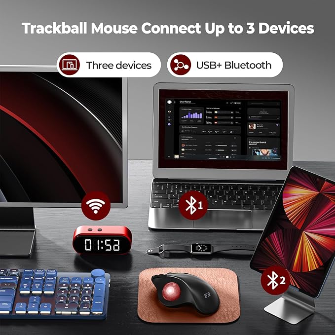 seenda Wireless Trackball Mouse Bluetooth - Ergonomic Rollerball Mouse Rechargeable 3 Device Connection Optical Mice Adjustable DPI Thumb Control Mice Compatible for Mac/Android/Windows - Black&amp