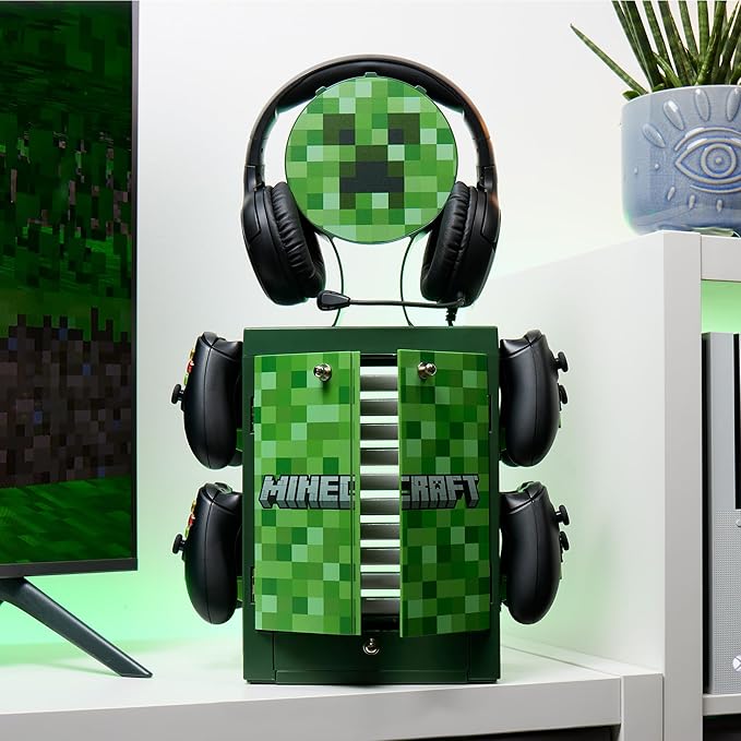 Numskull Official Minecraft Gaming Accessory Locker &amp Storage Stand – Holds 10 Games/DVDs 4 Controllers Headset and Accessories – Durable &amp Compact Organizer – Official Minecraft Merchandis