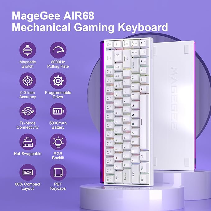 MageGee AIR68 Wireless Hall Effect Gaming Keyboard 60% RGB Magnetic Switch Keyboard with Rapid Trigger Adjustable Actuation 8KHz Polling Rate 0.01mm RT Accuracy 6000mAh Hot-Swap (White)