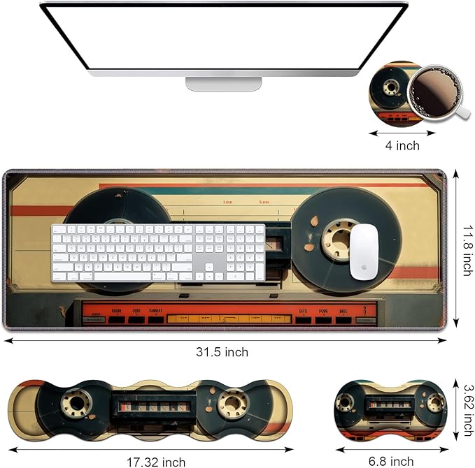 Ergonomic Keyboard Wrist Rest &amp Mouse Pad Wrist Rest Set Large XXL Gaming Desk Mat 31.5x 11.8 with Memory Foam Easy Typing Pain Relief for Office &amp Home Retro Tape Recorder