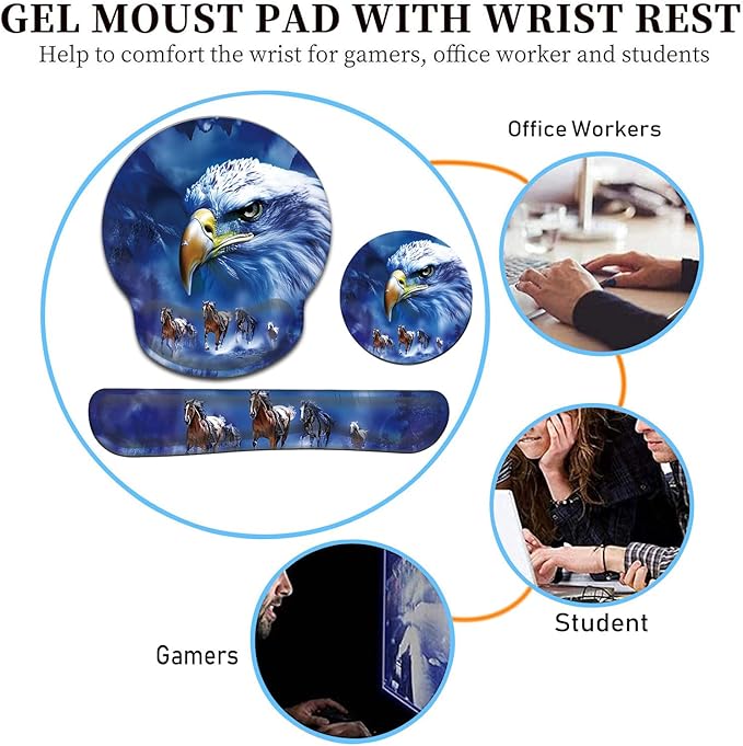 Keyboard Wrist Rest and Mouse Pad Wrist Support Set with CoastersErgonomic Gaming Mousepad for Home Office Working Studying Easy Typing &amp Pain ReliefEagle and Horse