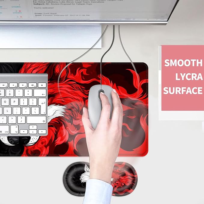 Mouse PadLarge Desk Mat Set 4in1 XL Mousepad + Keyboard Wrist Rest+Mouse Wrist Rest+Coaster with Ergonomic Desk Pad for Home Office Table Computer Cover -Wolf and Fox