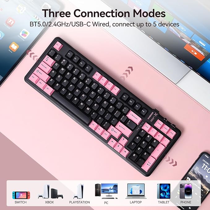 AUSDOM 98Pro Silent Wireless Mechanical Keyboard Tri-Mode BT/2.4G/USB-C Hot Swappable Custom Quiet Keyboard with Backlit Gasket Structure PBT KeycapsPre-lubed Tactile Switches(Black &amp Pink-Sil