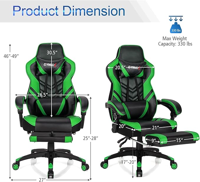 GYMAX Gaming Chair Ergonomic Computer Chair with Footrest Linkage Armrests &amp Lumbar Cushion Big Wide High Back Video Gaming Chair Reclining Office Rolling Chair for Adult/Teens (Green)