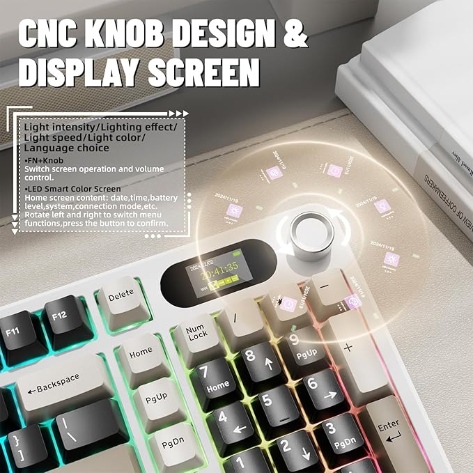 ATTACK SHARK X98PRO Wireless Mechanical KeyboardMulti-Function Knob&ampTFT ScreenTri-Mode BT/2.4GHz/USB-C KeyboardHot-Swappable RGB Backlit4000mAh 98 KeysCloud Drivefor Win/Mac/Linux-Creamy Whi