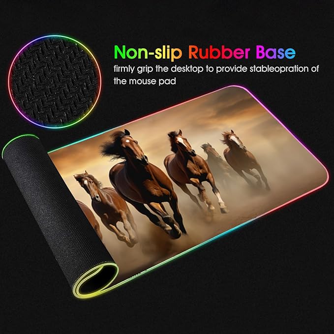 RGB Gaming Mouse Pad with Coffee Coaster XXL Large Glowing LED Mousepad Anti-Slip Rubber Base Computer Keyboard Desk Mouse Mat 31.5 X 11.8 Inch - Galloping Horse