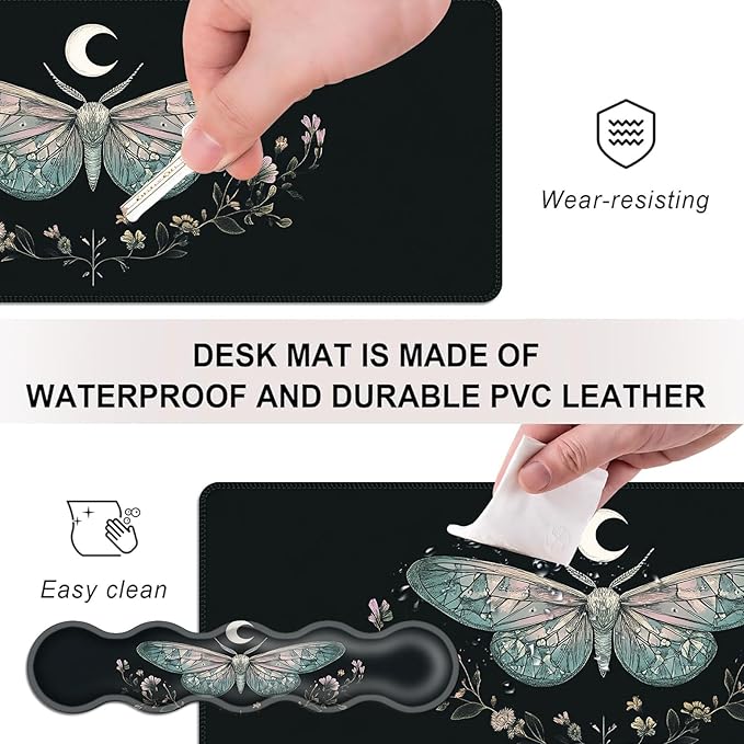 Mouse PadLarge Desk Mat Set 4in1 XL Mousepad + Keyboard Wrist Rest+Mouse Wrist Rest+Coaster with Ergonomic Desk Pad for Home Office Table Computer Cover -Moth Floral Moon