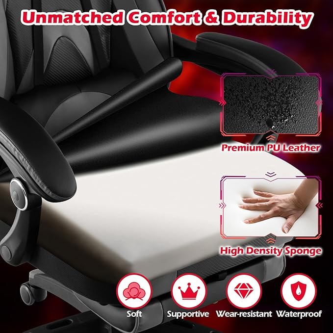 Giantex Gaming Chair with Footrest for Adults Reclining Video Game Chair w/Lumbar Support Racing Style Ergonomic Office Computer Chair Height Adjustable Swivel Gamer Chair for Gaming (Grey)