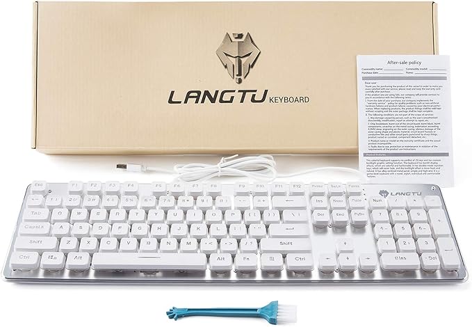 LANGTU Membrane Gaming Keyboard Rainbow LED Backlit Quiet Keyboard for Office USB Wired All-Metal Panel 25 Keys Anti-ghosting Computer Keyboard 104 Keys - L1 White/Silver