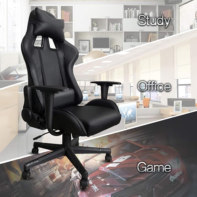 Modern-Depo Gaming Chair with Headrest and Lumbar Support Height Adjustable Swivel Office Chair High-Back Recliner Black