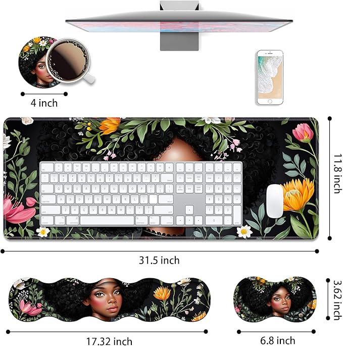 4 in 1 Ergonomic Keyboard Wrist Rest &amp Mouse Pad Wrist Rest Set Large XXL Gaming Desk Mat 31.5x 11.8 with Non-Slip Base Memory Foam for Home Office Study Gaming American Black Girl