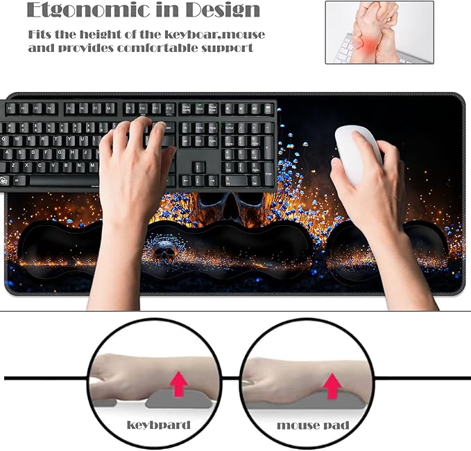Ergonomic Keyboard Wrist Rest &amp Mouse Pad Wrist Rest SetXL Gaming Desk Mat 31.5x 11.8Non-Slip BaseMemory FoamEasy Typing Pain Relief for Office &amp HomeSkull and Blue Mushrooms
