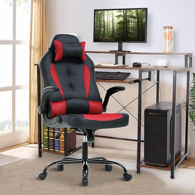 PC Gaming Chair Ergonomic Computer Chair High Back Office Chair with Lumbar Support&amp Headrest Adjustable Task Rolling Swivel Executive Desk Chair Racing Style Leather Gaming ChairRed