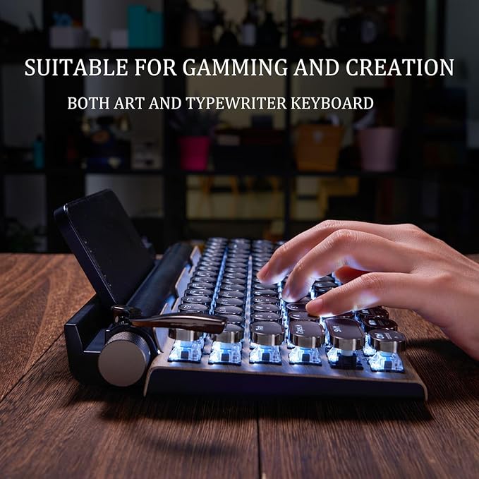 7KEYS Typewriter Keyboard Wireless Retro Style Vintage Classical Mechanical Keyboard with Bluetooth for IPAD PC/Laptop Mac/Phone (Wood)