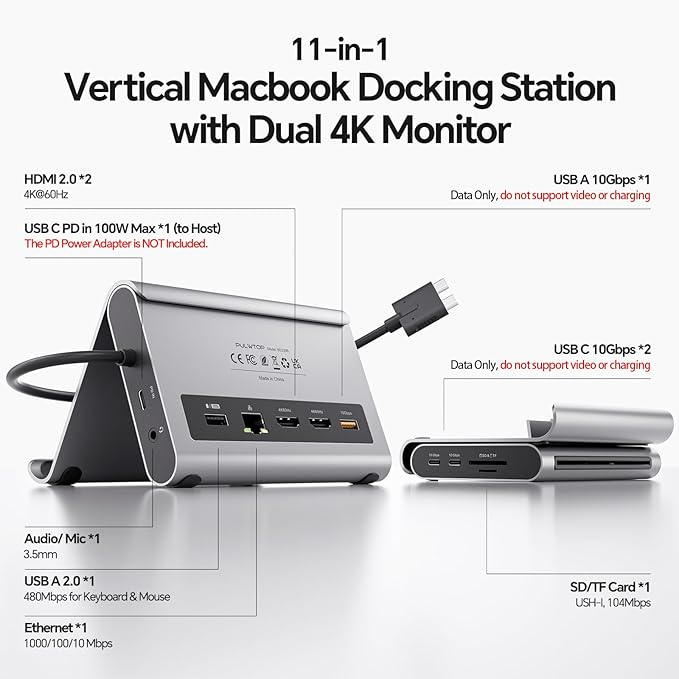 MacBook Pro Docking Station Dual Monitor 4K@60Hz for MacBook Pro/Air M3 Pro/M4/M5 PULWTOP USB C Docking Station Stand Laptop Dock with 2 HDMI PD Ethernet USB A/C 10Gbps Audio SD/TF USB 2.0