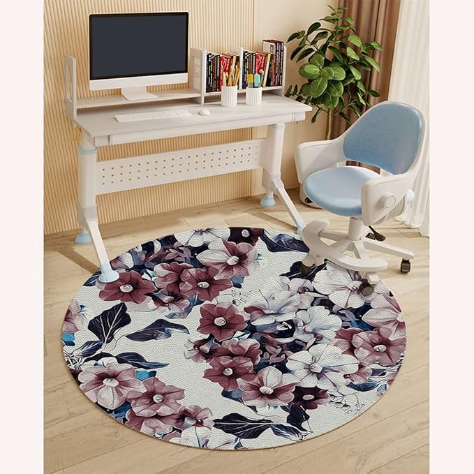 Red Pink Black White PU Leather Office Chair Mat for Hardwood Floor Purple Morning Glory Flowers Round Floor Mats for Office Chair Desk Chair Anti Slip Floor Protector for Rolling Chair Diameter 55 in