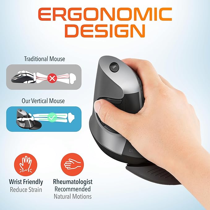 Delton S22 Vertical Wireless Mouse Ergonomic Design 2.4G USB Dongle 6 Buttons 3 Adjustable DPI Levels (800/1600/2400) Removable Palm Rest Silent Click &amp Durable for PC Laptop MacBook - Bla