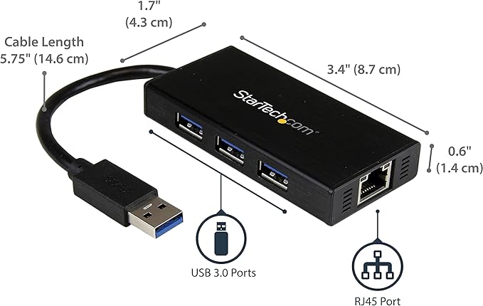 StarTech.com USB 3.0 Hub with Gigabit Ethernet Adapter - 5Gbps - 3 Port - NIC - USB Network / LAN Adapter - Windows &amp Mac Compatible  TAA (ST3300G3UA)