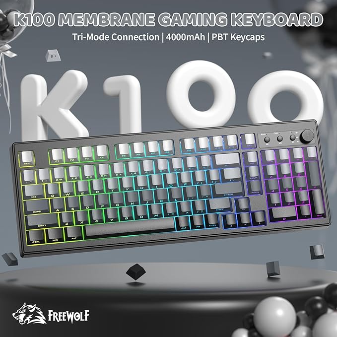 ZIYOU LANG K100 Wireless Gaming Keyboard99 Keys Tri-Mode BT/2.4GHz/USB-C Creamy Color Keyboard with Number Pad RGBMedia Knob Custom Programmable Computer Keyboards for PC/Mac/Xbox (Black)