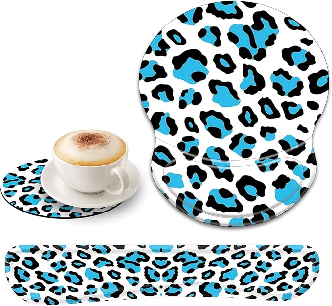 Bxgolkgd Ergonomic Gel Mouse Wrist Rest Pad and Keyboard Pad SetAnti-Slip PU Bottom Easy Typing and Relieve Wrist Pain with Cute Coaster Set (3-Blue Leopard Print)