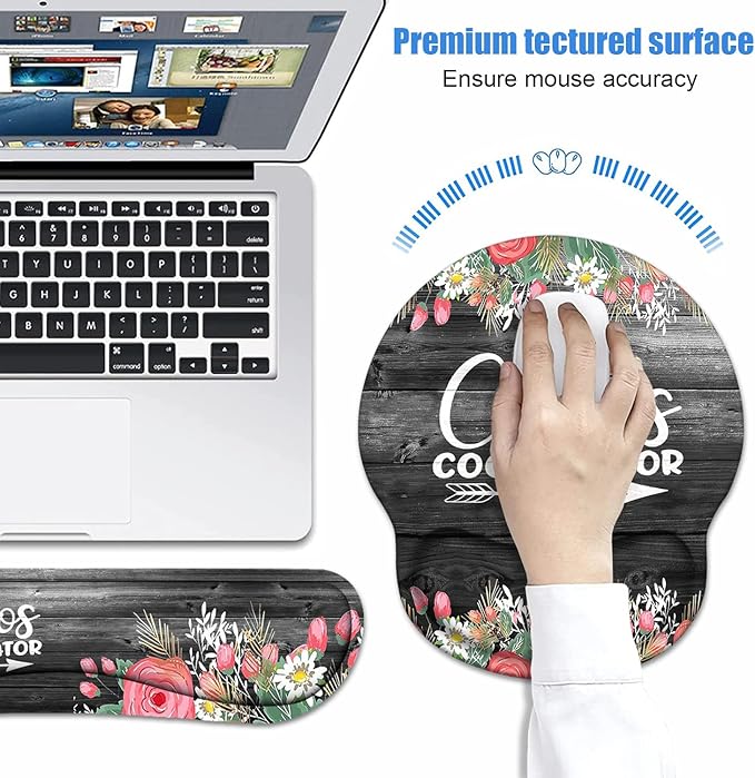 Keyboard Wrist Rest + Mouse Pad Wrist Support Set with Coasters Chaos Coordinator Quotes Colored Floral Wreath Print Wrist Mouse Pad with Non-Slip PU Base for Home Office Working Studying