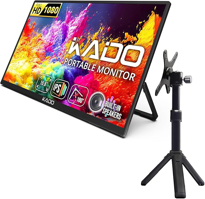 Kado Portable Monitor 15.6'' FHD 1080p VESA/Clamp Tripod Stand Set Ultra-Slim Laptop Monitor 1920x1080 with Built-in Speakers IPS Display for PC Mac Phone Xbox PS5 USB-C &amp HDMI Connectivity