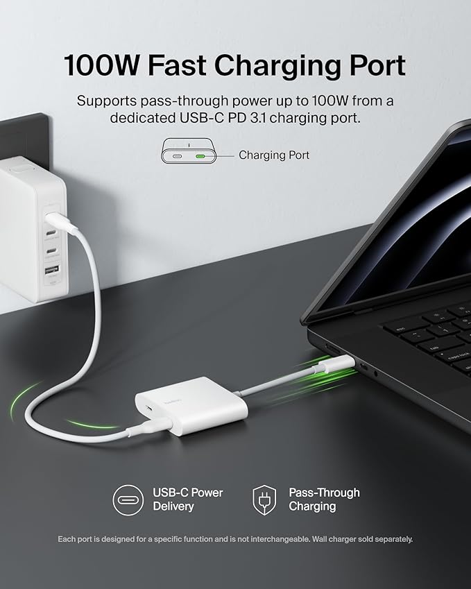 Belkin USB C Splitter - Dual Port Hub - 1 x USB-C 3.2 Gen2 Port &amp 1 x 100W PD Port - Simultaneous Data Transfer &amp iPhone Charger Fast Charging - Apple iPhone 17 iPad Nintendo Switch 2 &amp