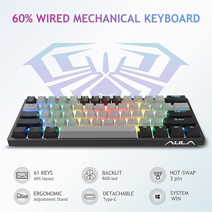 AULA 60 Percent Wired Mechanical Gaming Keyboard 29 RGB Backlit Custom Hot Swappable Keyboards Brown Switch 60% Mini Small Compact Design for PC/Mac/Laptop/Wins(Wired Version)