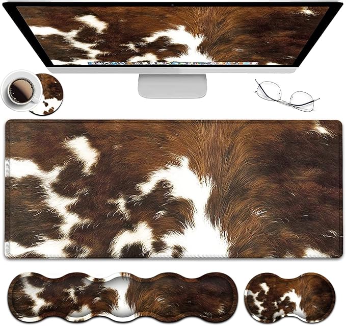 Gaming Mouse Pad XXL Large Desk Cute Mat Brown Cowhide Extended Mousepad Ergonomic Memory Foam Keyboard Wrist Rest Stitched Edges Desk Pad(31.5x11.8 in) Extended Large Mousepads