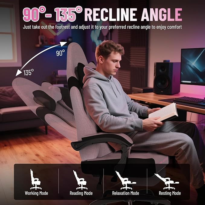 Ferghana Cotton Fabric Gaming Chair with Wider Seat Cushion Shield-Shaped Embroidery Ergonomic High Back Game Chair with Footrest Computer Chair with Massage Lumbar Support for Adult Pink