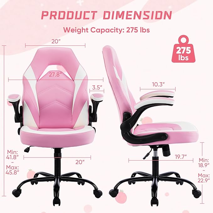 Heavy Duty Gaming Chair Ergonomic Gamer for Home Office with Lumbar Support Adjustable Backrest Flip-Up Armrest and Stable 360° Swivel Wheels for Adults Professional Gamers and Teens Pink-White
