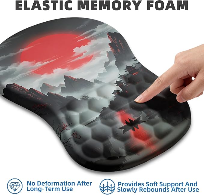 Ergonomic Mouse Pad Wrist Rest Carpal Tunnel Pain Relief Wrist Support Mousepad with Massage Bulge Memory Foam (Red Moon 11.8x7.9 in)