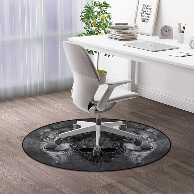 Grey BlackRound Area Rug Abstract Skull Figure Between Two Canine Animals Hardwood Floor Multi-Purpose Soft Mats for Gaming Rolling Chair/Living Room/Study Wolf Diameter 43.3 in