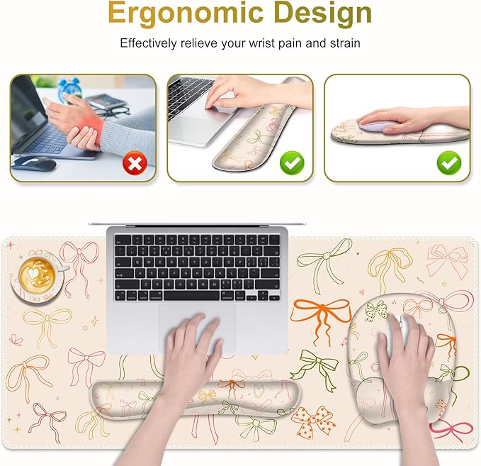 Apricot Mouse Pad with Wrist Support 4 in1 Set XXL Big Game Mousepad + Keyboard Wrist Rest + Mouse Wrist Rest Pad +Coaster Gaming Mat for Home Office Work Computer I Colorful Cute Girl's Bow