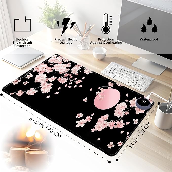 Heated Mouse Pad - 3 Temperature Settings (86°F–122°F)Auto Shut OffLarge 31.5x13 Inch PU Leather Desk Mat for OfficeGamingCold Hands ReliefPink Cherry Blossom Moon