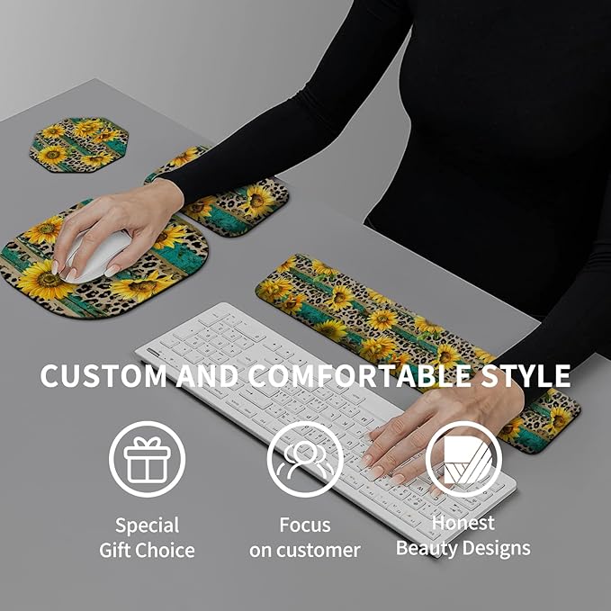 Keyboard Wrist Rest and Mouse Pad Set Keyboard Wrist Support + Small Mouse Pad + Elbow Arm Rest Pad + Coaster Ergonomic Memory Foam Wrist Rest for Computer Keyboard Leopard Sunflower