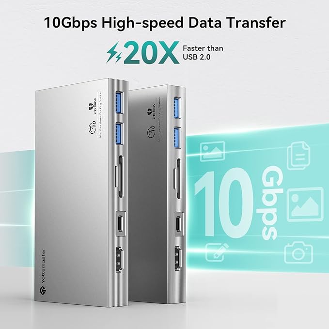 Yottamaster Aluminum USB C Hub with M.2 NVMe SSD Enclosure 10-in-1 USB C Docking Station 10Gbps for NVMe PCI-E M.2 SSD Support 100W Charging 4K HDMI RJ45 4 USB Ports Audio SD/TF Card Reader