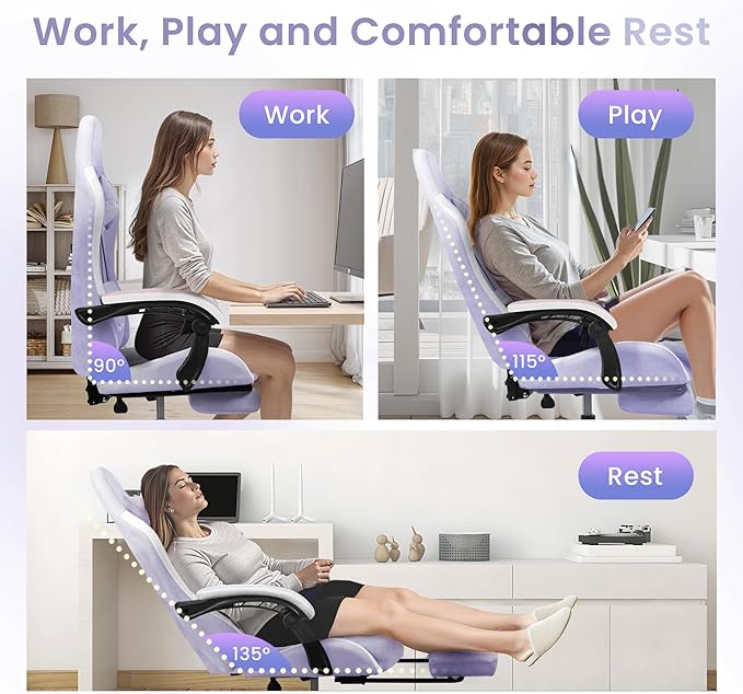 N-GEN GAMING Video Gaming Chair with Footrest Lumbar Support for Home Office High Back Recliner Height Adjustable Ergonomic Comfy Fabric Computer Desk Chair (Purple)