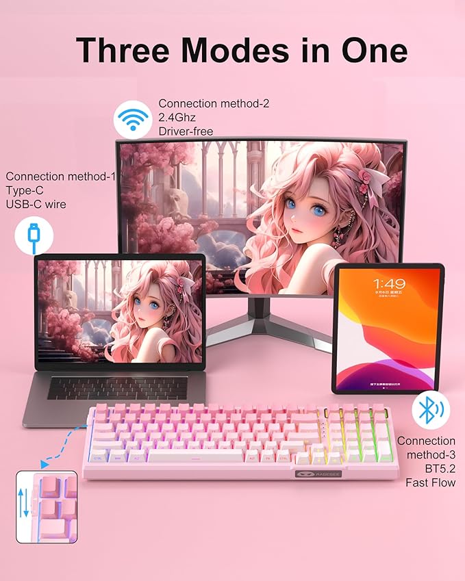 MageGee SKY98 Wireless Gasket Mechanical Gaming Keyboard 96% Hot Swappable RGB Custom Creamy Keyboard with 5-Layer Sound Padding BT/2.4G/USB-C Side Printed Keycaps (Pink&ampWhite Violet Switch)